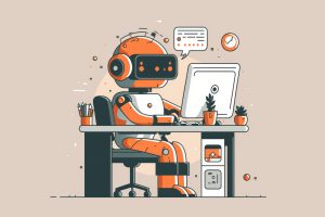 Cartoon of a robot working on a desktop