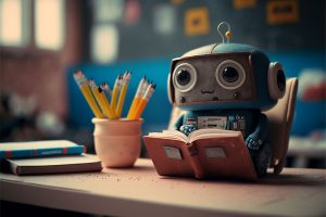 Cartoon of robot attending class.
