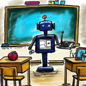 Cartoon drawing of an AI /robot standing in front of a classroom