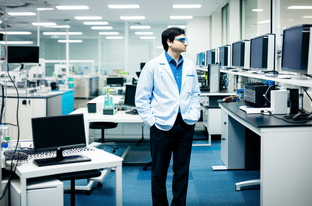 A scientist looking at computer screens