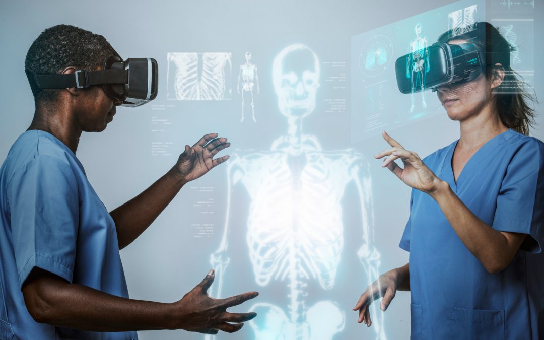 Doctors wearing VR headsets and interacting with a hologram of a human skeleton