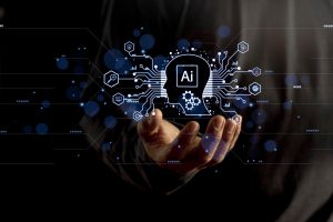 A human hand holding an AI logo