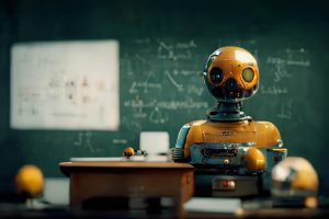 A robot sitting in a classroom