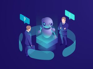A digital concept showing two men interacting with artificial intelligence