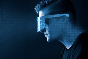 A man wearing augmented reality glasses