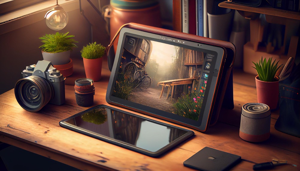 A camera, mobile phone, hard drive, and a tablet displaying art placed on a table