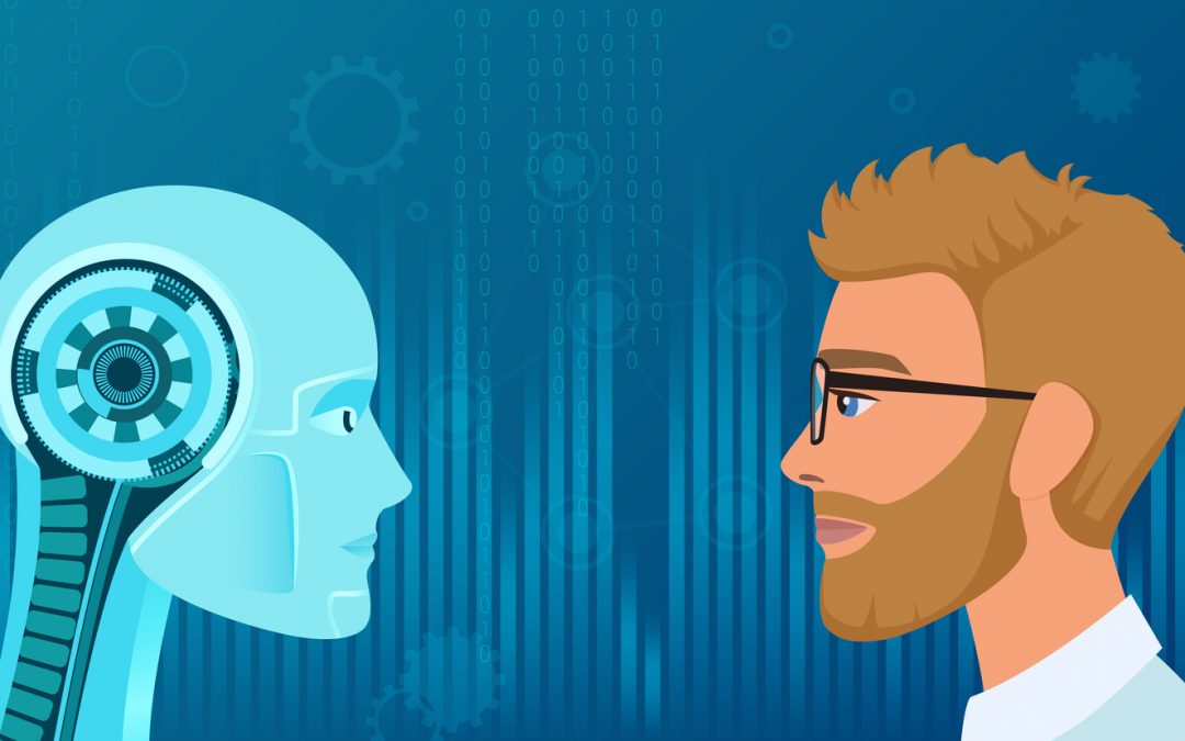 A vector image of an robot and a human in profile