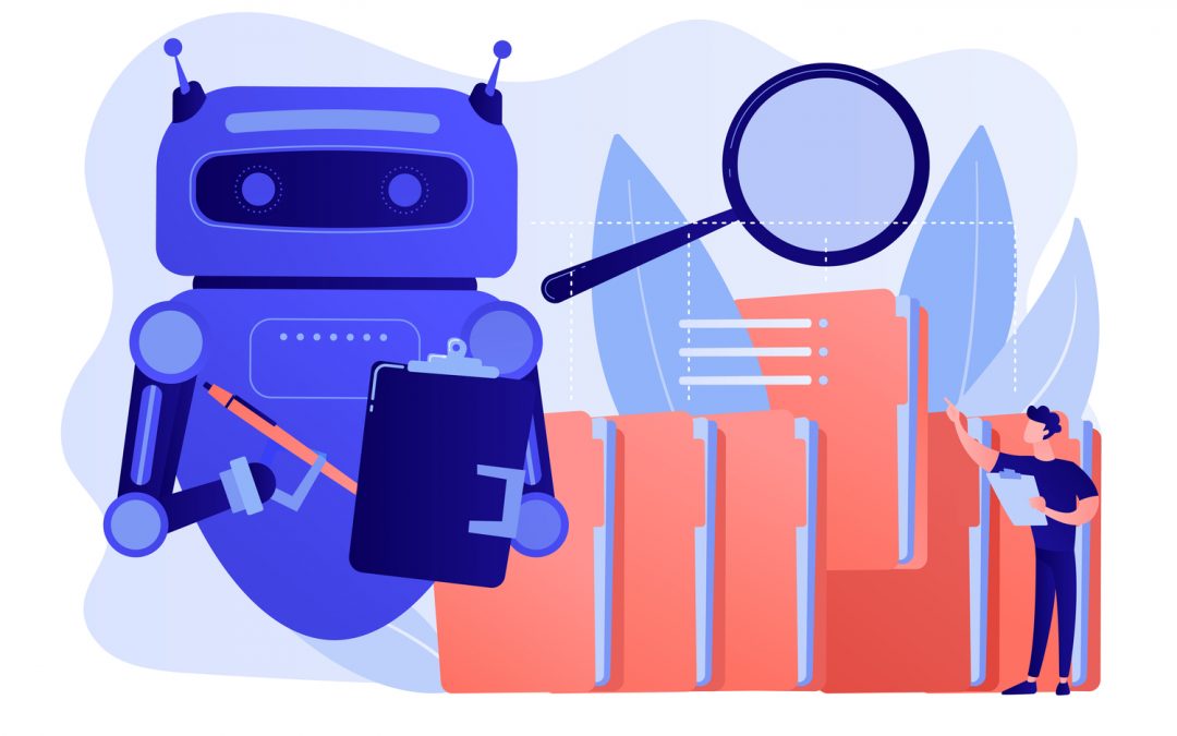 A vector concept of predictive AI with a robot with a notepad in the foreground and a person going through large folders in the background