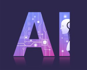 Concept of artificial intelligence with a graphic of a robot embossed within the letters “A” and “I”