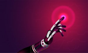 A robotic arm pointing at a glowing orb