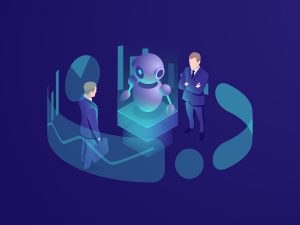A vector image depicting two men in suits observing a robot