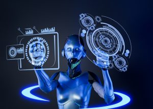 A robot working with two holograms floating before it