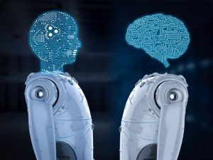 A humanoid robot with a circuitous brain conversing with another robot