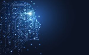 A digital rendering of a human head’s silhouette using node connections