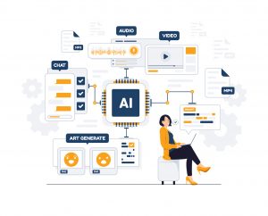 A vector image depicting interactions between a human and a generative AI