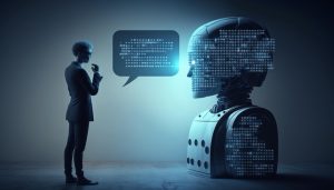 A man in a suit conversing with a large robot in front of him