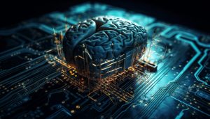 A digital representation of a human brain emerging from a computer chip