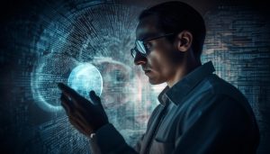 A man holding a sphere projecting various lines of code
