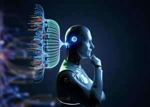 A digital illustration of multiple connections entering a robot’s head