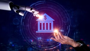 A robot and a human arm reaching out to a logo of a bank