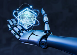 A robotic hand holding a holographic crystalline structure