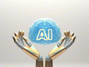 Two robotic arms cupping a representation of a human brain titled “AI”