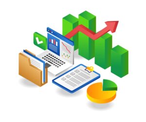 A vector image depicting a folder, notepad, pie chart, laptop, and a graph