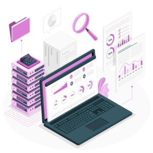 A vector illustration depicting data extraction from a laptop, hard drives, and folders
