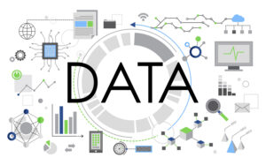 A vector image depicting the concept of data and collection with the word “Data” in bold letters surrounded by numerous elements